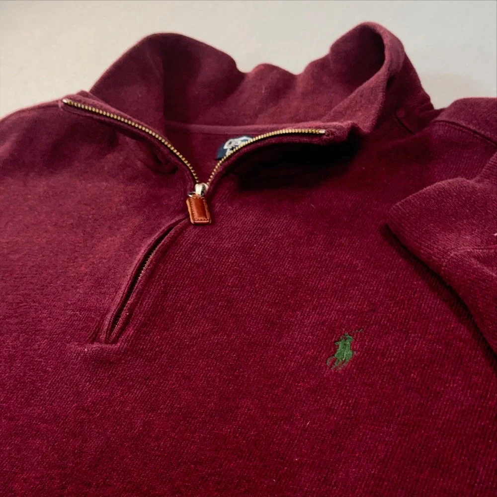 Polo Ralph Lauren Mens 2XLT Burgundy Cotton Ribbed Quarter Zip Pullover Sweater